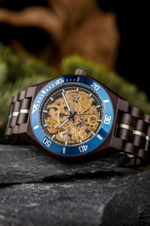 JR Skeleton Mechanical Wooden Watch Ebony Blue