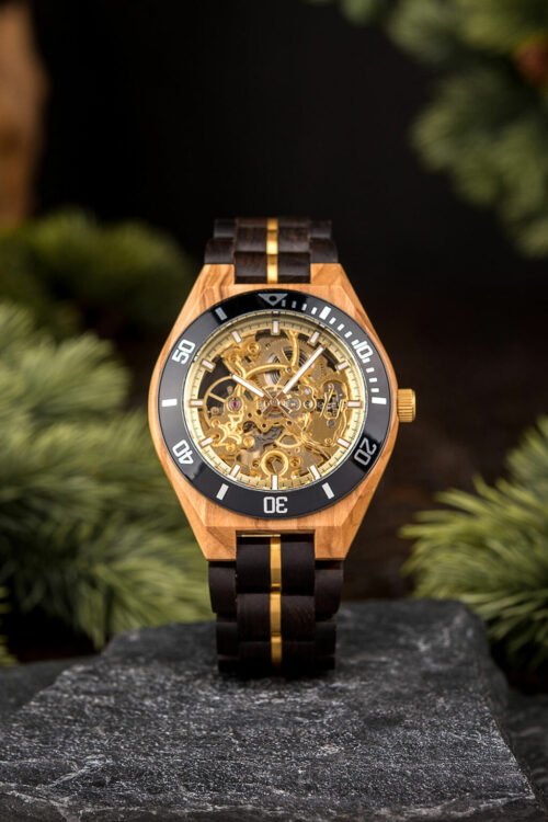 JR Skeleton Mechanical Wooden Watch Ebony Black