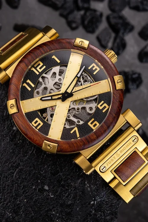 JR Luxury Skeleton Red Sandal Wood Automatic Mechanical Watch   Series X – Gold