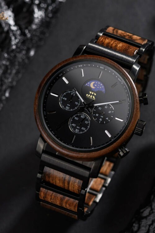 JR Classic Chronograph Moon phase Watch Tigerwood Black