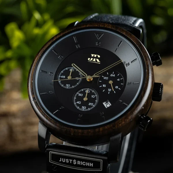 JR-Elegant-Chronograph-Wood-Watch-Black With PREMIUM BLACK LEATHER STRAP