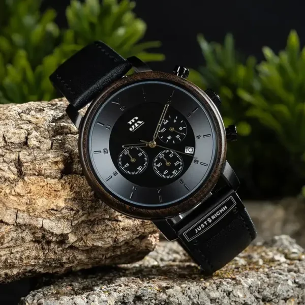 JR-Elegant-Chronograph-Wood-Watch-Black With PREMIUM BLACK LEATHER STRAP