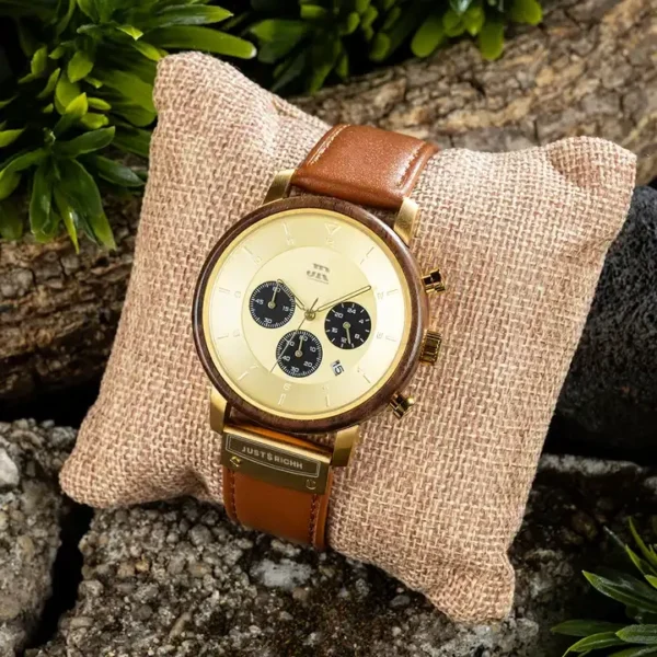 JR-Elegant-Chronograph-Wood-Watch-Golden With PREMIUM Brown LEATHER STRAP