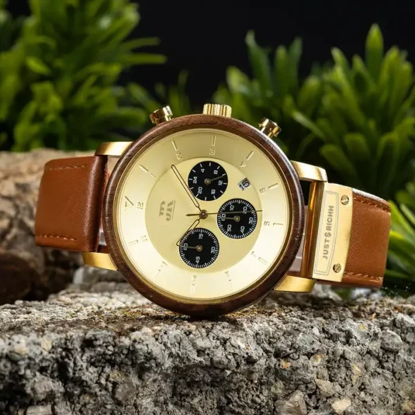 JR-Elegant-Chronograph-Wood-Watch-Golden With PREMIUM Brown LEATHER STRAP