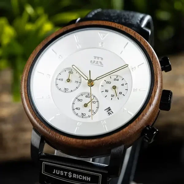 JR-Elegant-Chronograph-Wood-Watch-White With PREMIUM Black LEATHER STRAP