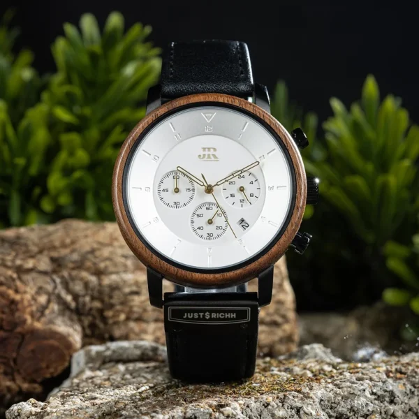 JR-Elegant-Chronograph-Wood-Watch-White With PREMIUM Black LEATHER STRAP