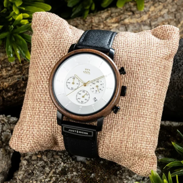 JR-Elegant-Chronograph-Wood-Watch-White With PREMIUM Black LEATHER STRAP