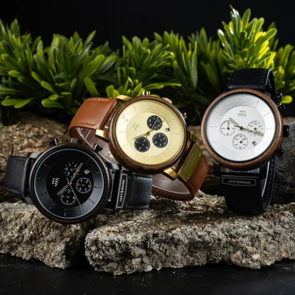 JR-Elegant-Chronograph-Wood-Watches With PREMIUM Brown and black LEATHER STRAPS